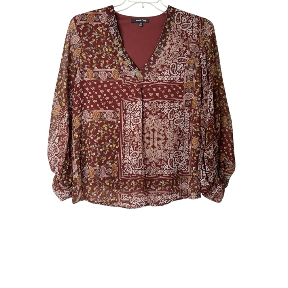 Laurel Grey Rust Paisley Shear Flowy Lined Blouse Women's S